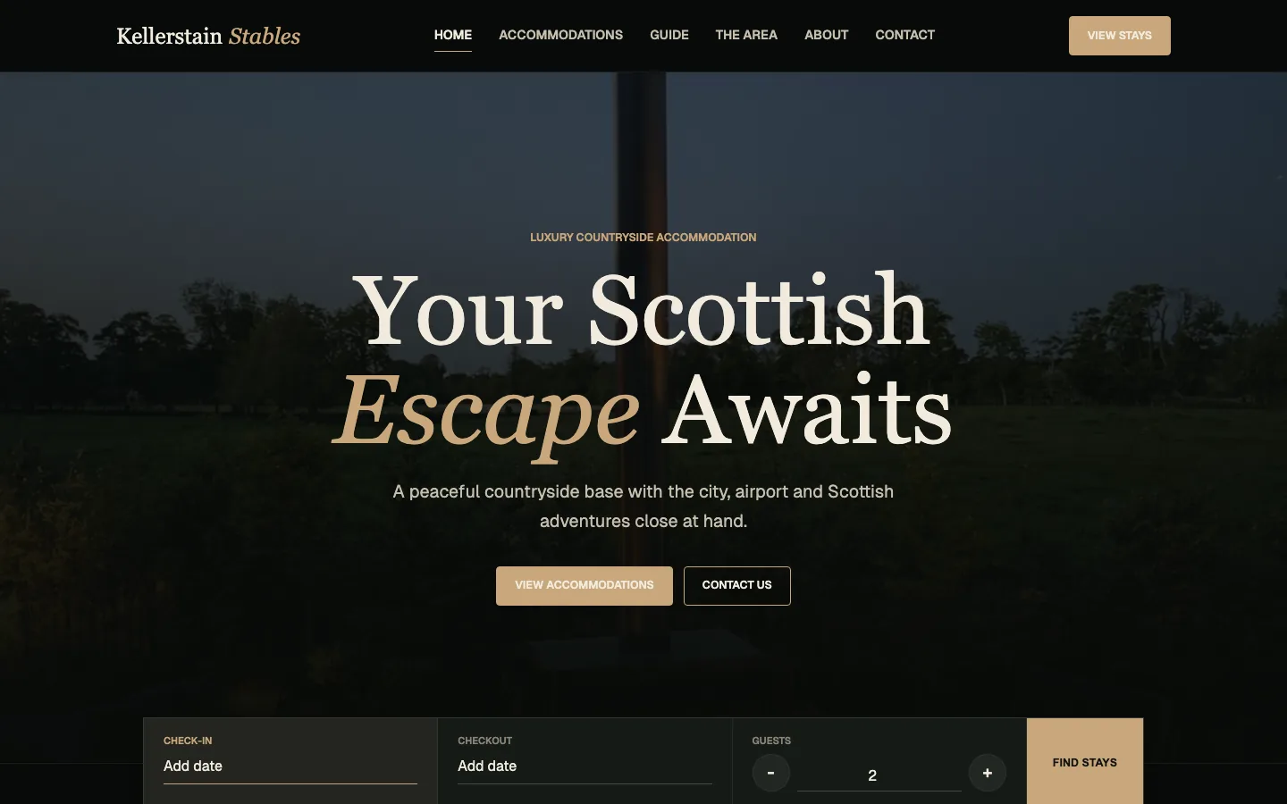 Kellerstain Stables homepage with accommodation navigation and countryside hero