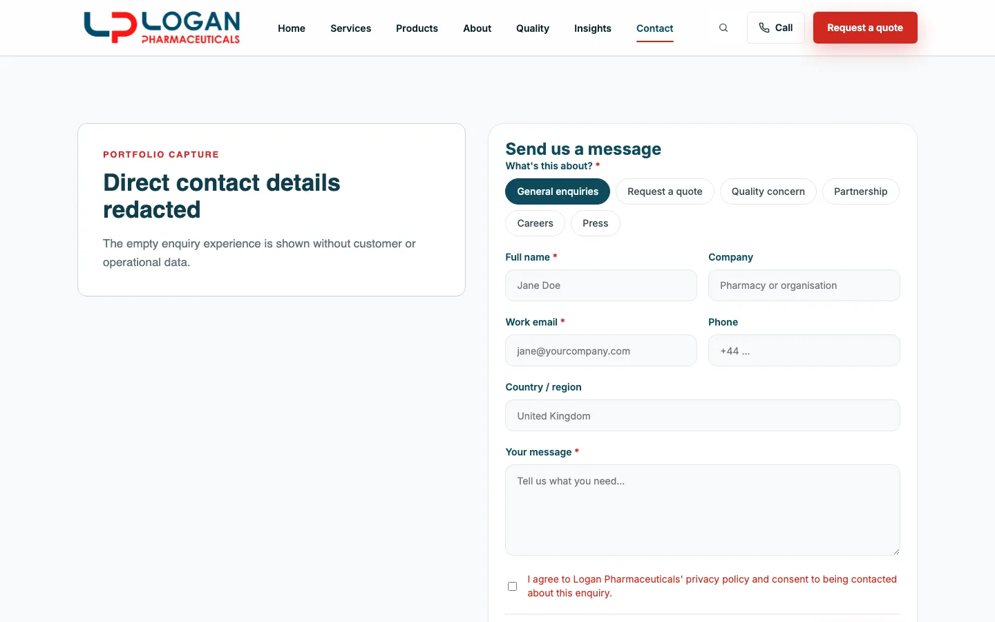 Logan Pharmaceuticals replacement enquiry form in an empty state with direct details redacted