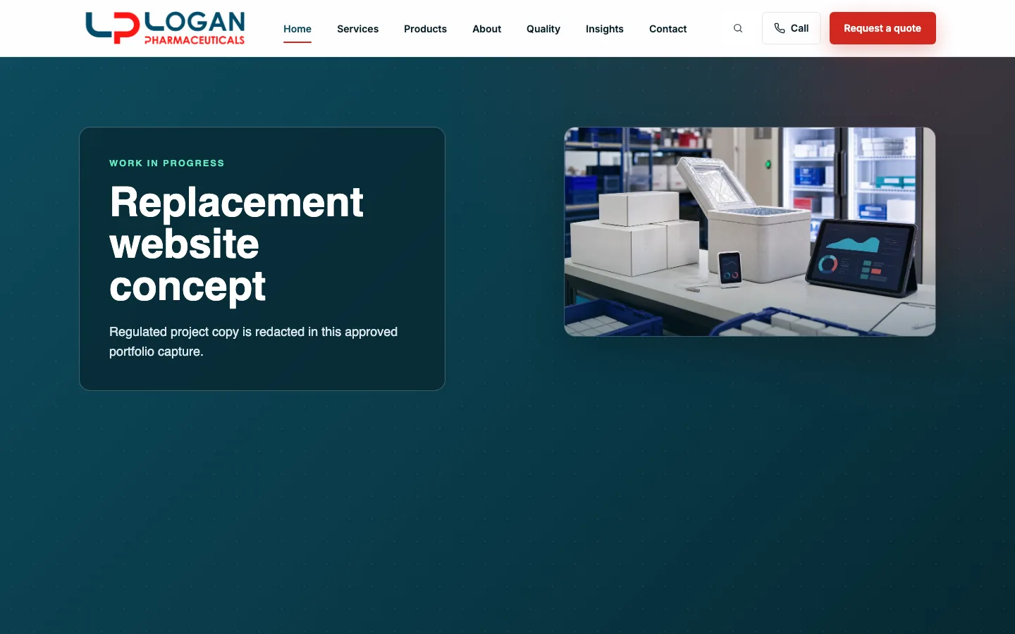 Redacted Logan Pharmaceuticals replacement homepage concept labelled work in progress