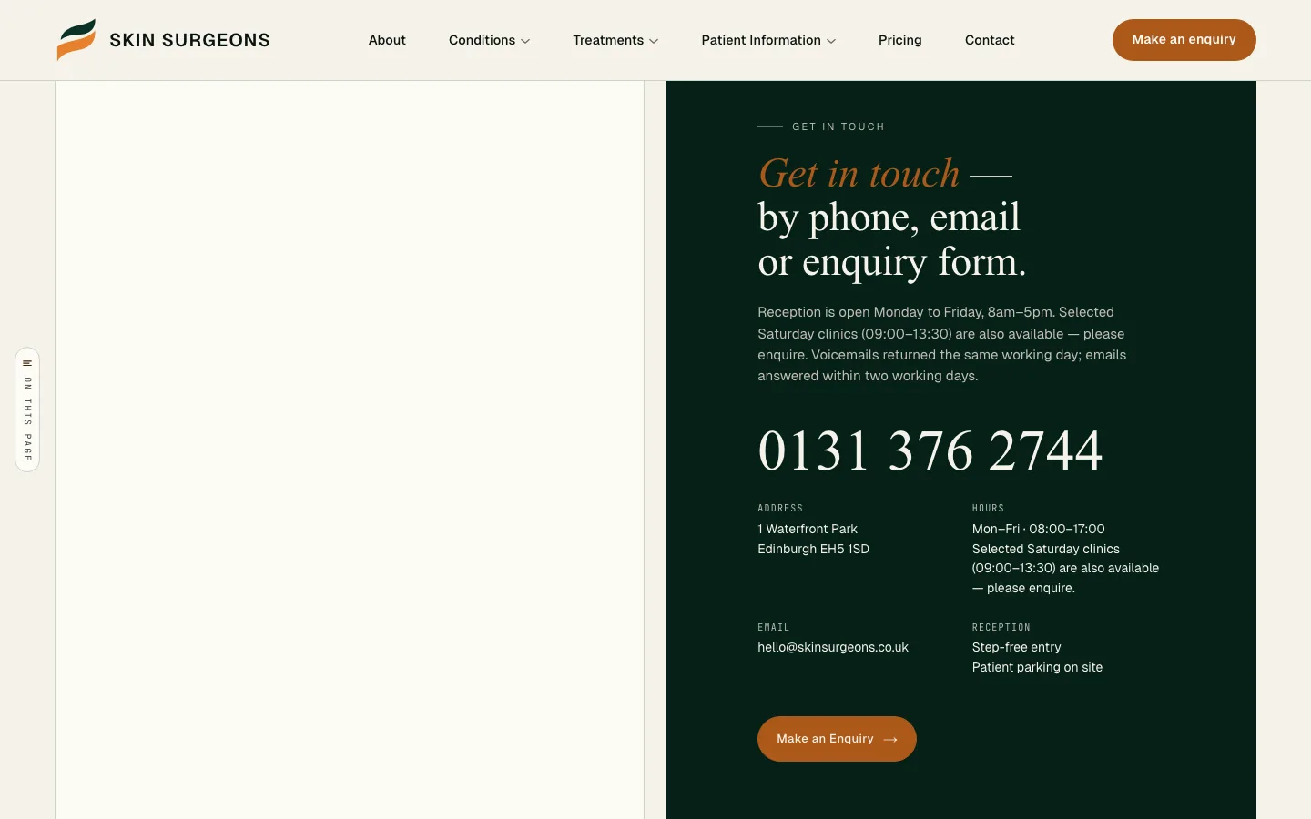 Skin Surgeons public contact entry point before an enquiry is started